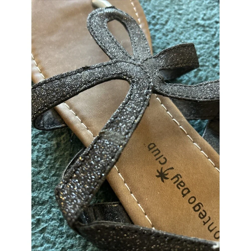 Montego Bay Black Glittery Sandals, Woman Size 7 1/2, flat slip on, elastic back